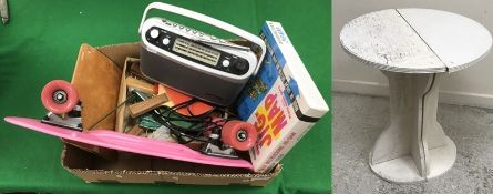 A box containing sundry items to include a Roberts radio, vintage Waddingtons Jigmap jigsaw,
