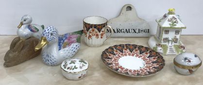 A collection of various china wares including a French pottery wine label 