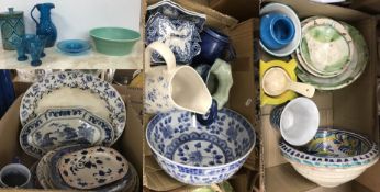 Four boxes of assorted decorative china wares to include blue and white jugs, bowl,