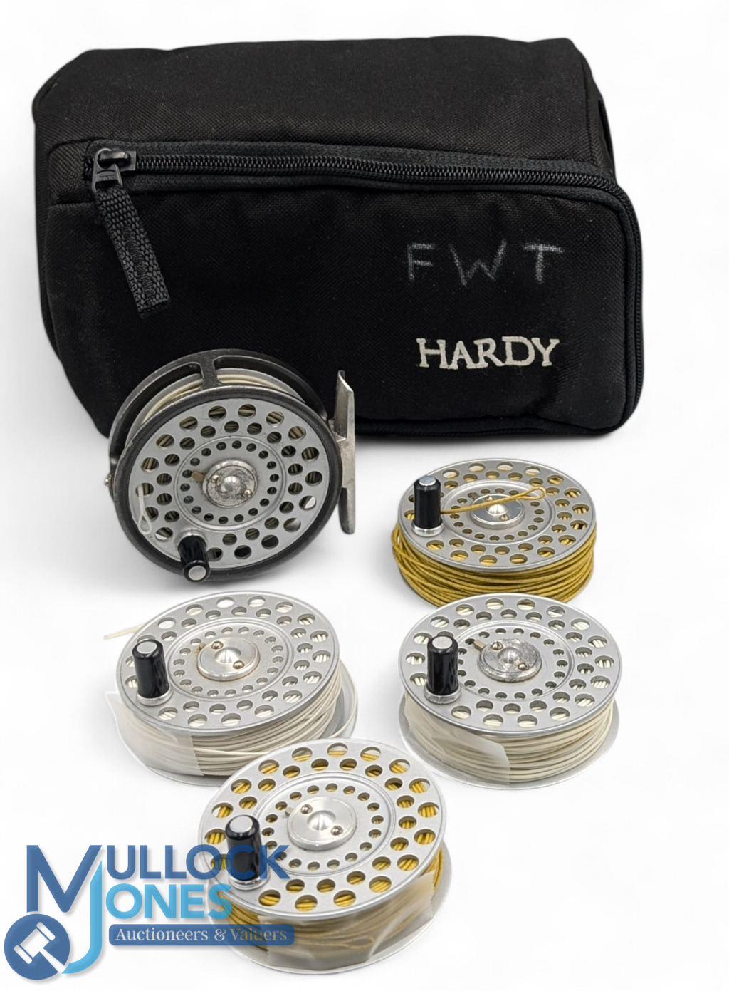 Hardy Bros "The Featherweight" alloy trout fly reel with 4 spare spools, 2 7/8" ventilated spool,
