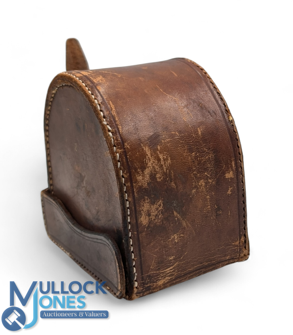 Hardy Bros block leather ‘D' shape reel case, 3 ¾" x 1 ¼" burgundy lining, stamped Hardy Bros Ltd - Image 2 of 3