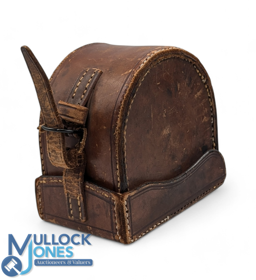 Hardy Bros block leather ‘D' shape reel case, 3 ¾" x 1 ¼" burgundy lining, stamped Hardy Bros Ltd