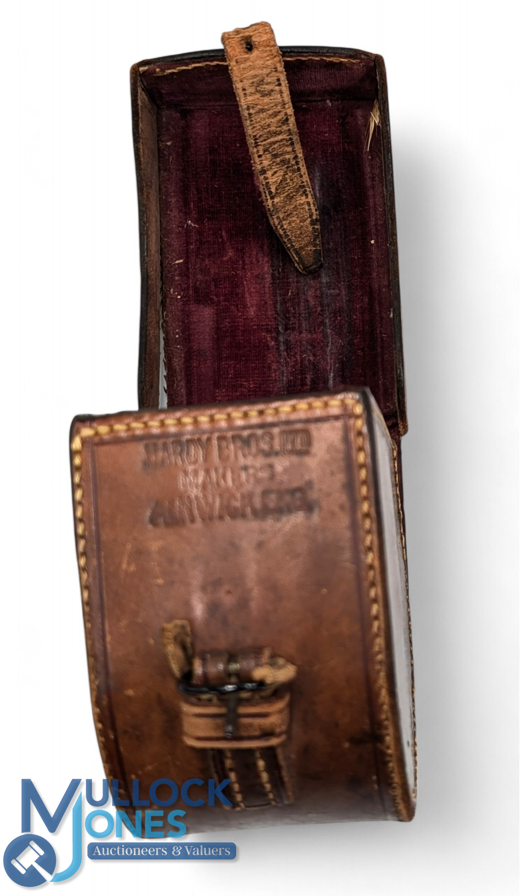 Hardy Bros block leather ‘D' shape reel case, 3 ¾" x 1 ¼" burgundy lining, stamped Hardy Bros Ltd - Image 3 of 3