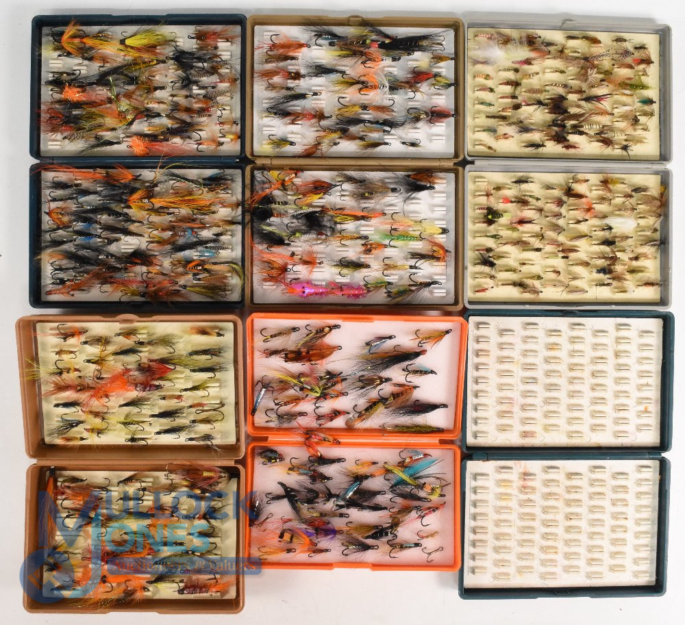 Pair of Fox fly boxes with a quantity salmon double and treble salmon flies. Fox Deep fly box with