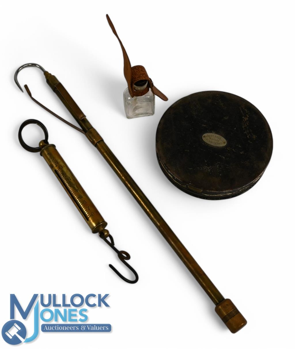 A collection of fishing accessories, as follows: Hardy combined 2 draw brass gaff and a priest,