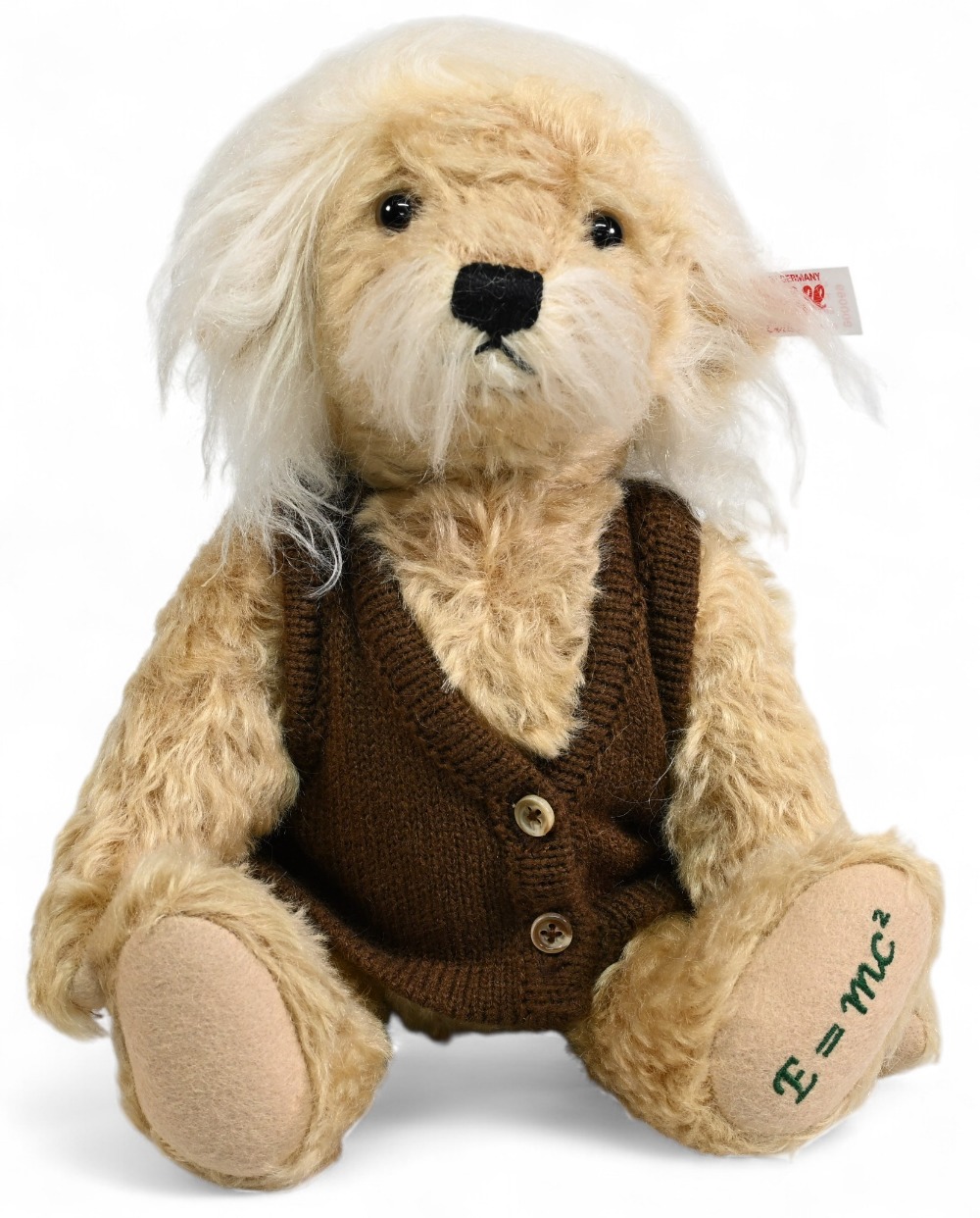 2016 Danbury Mint Einstein Teddy Bear fully jointed with his brown cardigan comes with letter from