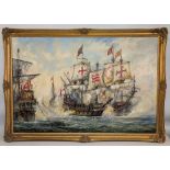 Large Naval Anglo Spanish War: The Last Battle of the Revenge 1591 Scene Oil Painting on Board