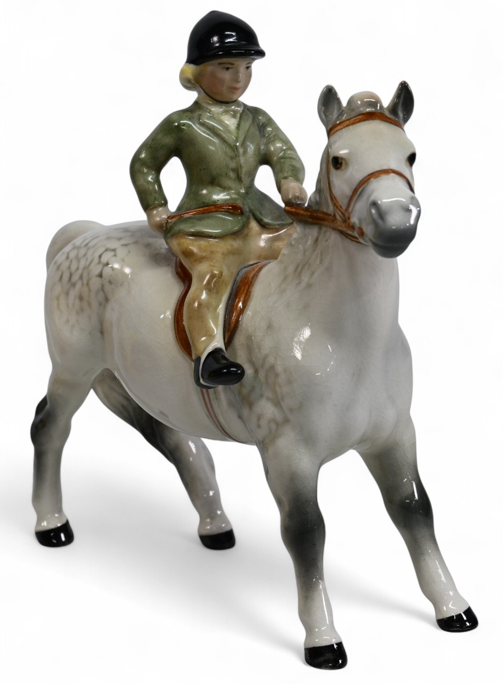Beswick Girl on light dapple grey Pony Model 1499, wearing a Green Jacket, no visible damage or - Image 3 of 3