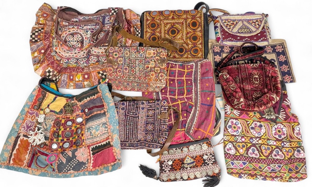 Collection of assorted Indian Tribal Fabric Bags, multi coloured, decorated with shells, mirrors and - Image 2 of 2