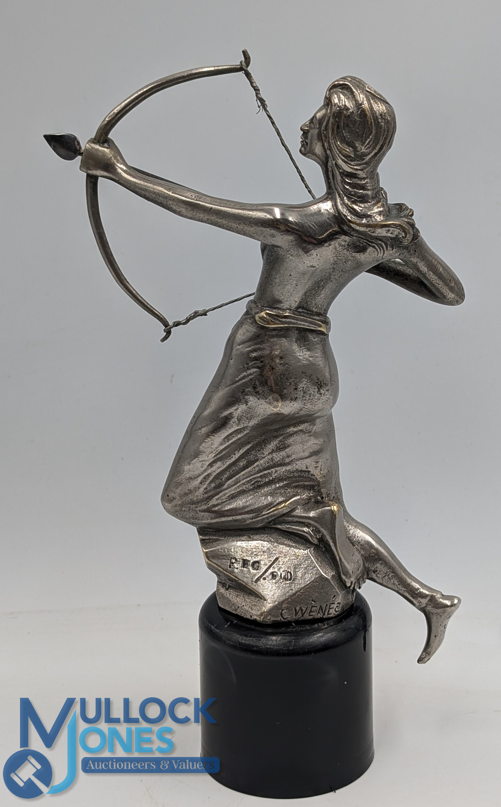 Scarce Diana 'The Huntress' Car Mascot by C Wenz c1910 - fully signed, nickel plated bronze - Image 2 of 3