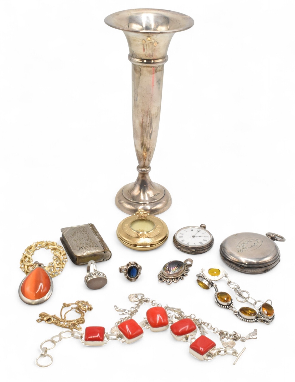 Selection of Silver and other items H/M silver flute vase 19cm base weighted, 925 silver Rings,