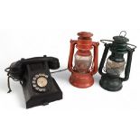 Mixed Collectables: Bakelite Telephone, 2 Titley Lamps together with a vintage Spirit level