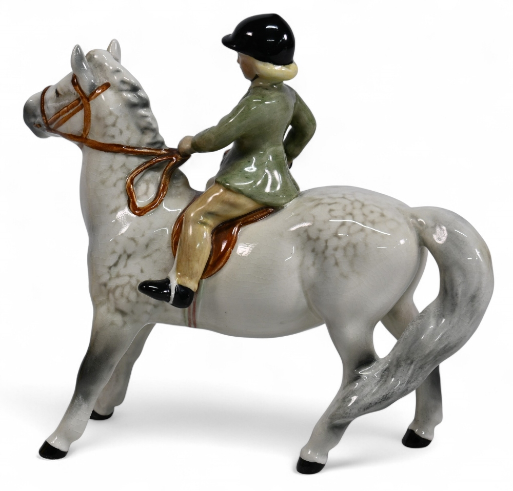 Beswick Girl on light dapple grey Pony Model 1499, wearing a Green Jacket, no visible damage or - Image 2 of 3