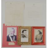 Autographs to include Richards Burton framed, Alex Guinness, Jim Callaghan on letter to Lady Bowker,