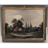 Victorian R Percy Oil Painting Rural Farm scene - canvas on frame with wear to frame - has a