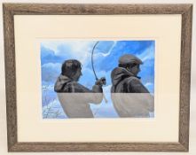 Chris Turnbull (b. 1950) Two Silhouettes of Fishermen Night Sky - original watercolour fish