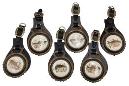 Collection of Ceramic Fishing Horse Brasses, 6 assorted printed fishes on brass and leather mounts