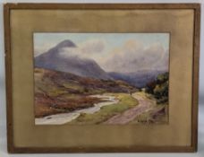 Irish Watercolour Painting c1920, A Fisher Man Walking on a Path Through Mountains Hills & Stream.