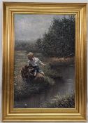 Original Oil on Canvas - Boy with Dog Fishing - indistinct signature B Goodman? Some scratches to