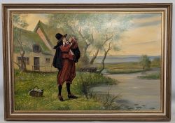 Fishing oil on board in the style of Isaak Walton - a large modern painting - size 59cm x 86cm