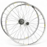 Pair of Mavic Wheels Cosmos Rims and Hubs, rear wheel having Shimano 9 speed block 700c wheels