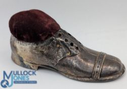 Hallmarked Silver Pin Cushion in the shape of a man's shoe, Birmingham Letter 'l' 1910 with wooden