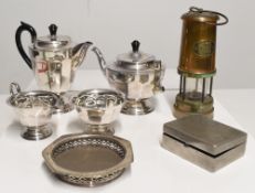 Brass and Plated Ware Viners Tea Set Tea pot handle broken but there, Later reproduction Miners