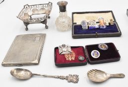 Selection of Silver hallmarked items to include Cigarette Case 140g, Tea Caddy Spoon 10g, Shrewsbury