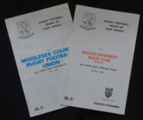 1968 E Africa v Tourists Rugby Programmes (2): v Queens University Belfast and v Middlesex County,