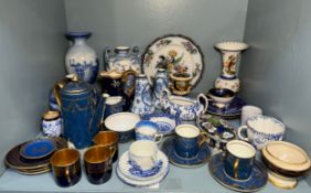 A variety of blue and white china including a pair of 1890 Royal Bonn Germany vases depicting a