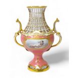 A Victorian Minton porcelain twin-handled pierced potpourri vase, retailed by A. B. Daniell & Son of