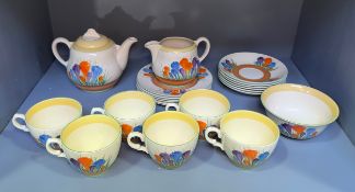 Clarice Cliff ‘Crocus’ pattern tea service for Royal Staffordshire, comprising teapot, teacups,