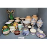 A pair of Crescent China hand-painted urns in lilac with gold gilding, together with various ceramic