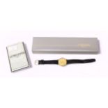 A gents 9ct gold Longines Quartz Presence wristwatch, the gilt dial with gilt batons denoting