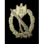 A WWII German Third Reich Infantry Assault badge, in silver, zinc cast, folded tube hinge with