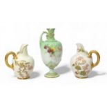 A 20th Century Royal Worcester porcelain ewer vase, green ground decorated with hand-painted bouquet