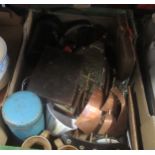 A box of assorted items, to include copper model ship, brass mounted bellows etc
