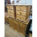 A pine side board together width 45ins, depth 18ins , height 37ins with a pair of pine bedside
