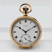Rolex, a 10ct gold plated keyless wind open face pocket watch, signed Rolex, with black Roman