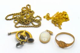 A gents signet ring, set in 9ct gold, two 9ct gold chains, total weight 6.4g also a pendant and a