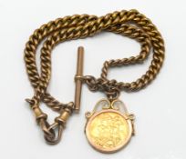 A gold 'T' bar watch chain, set in 9ct gold, attached with a Queen Victoria 1882 full gold sovereign