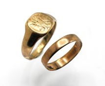 A 9ct gold band ring with initials (M.C.H)? Together with a gents signet ring (not hallmarked),