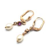 A pair of pearl and pink stone earrings, set in 14ct rose gold, total weight 2g.