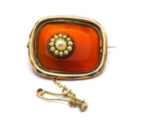 A gold, seed pearl and amber? Brooch (not hallmarked), approx 7.3g.