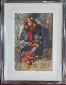 Robert Lenkiewicz (1941-2002), watercolour and pen 'Eliza seated: red boots, red chair, red scarf (