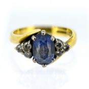 A diamond and tanzanite? ring, set in 18ct yellow gold, size J, approx 4.8g.