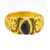 An antique gents signet ring, set in high carat gold, set with an amber stone, size I, approx 5.6g.