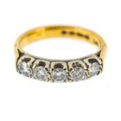 A five stone diamond ring, set in 22ct yellow gold, size L, approx 5.3g.