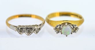 A opal and diamond set ring, set in 18ct yellow gold, size P/Q together with a diamond three stone