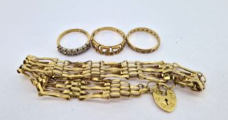 A 9ct gold gate bracelet together with two 9ct gold rings and another (not marked), total weight